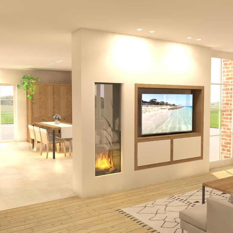 DECA Interieur; eiken bijgebouw; Open haard;Doorkijkhaard