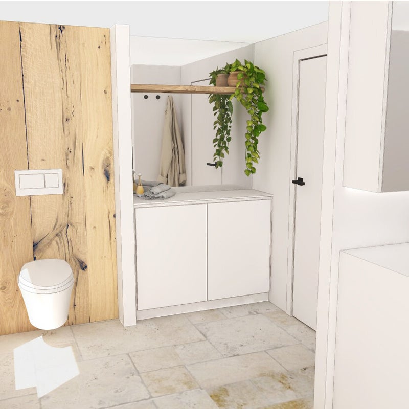 Badkamer; balkenfineer; hout; schoenkast; spiegel; planten; hang; wc