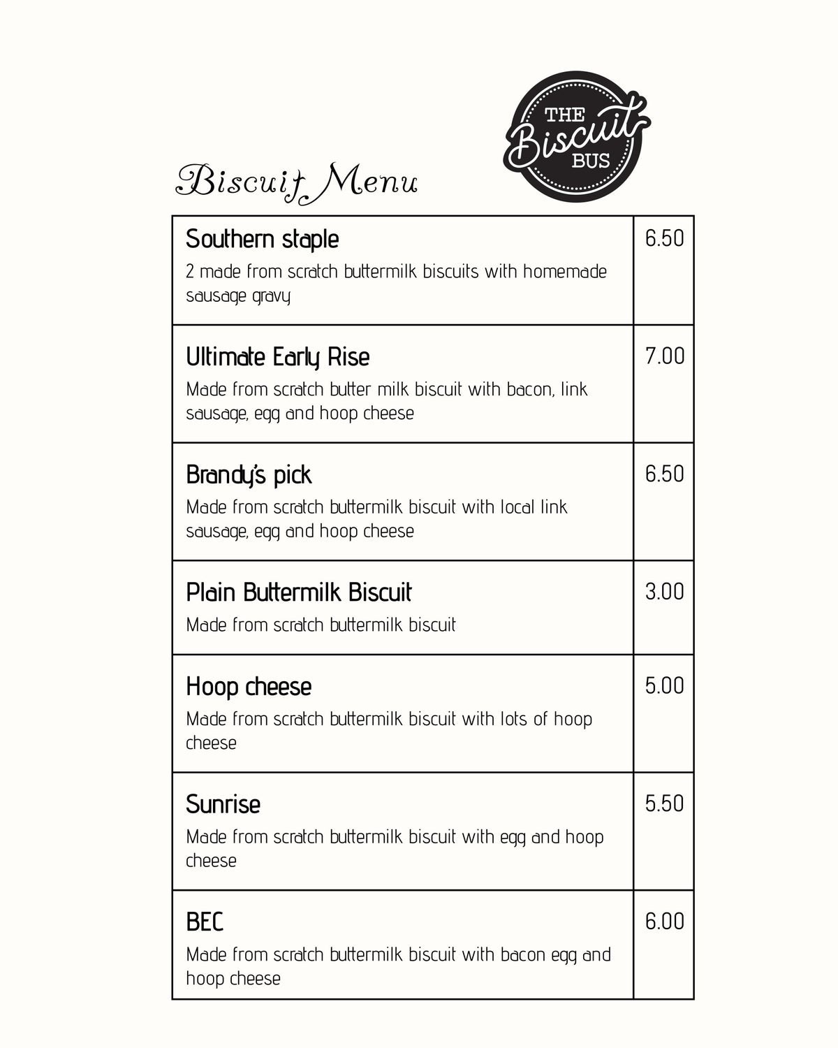 Menu The Biscuit Bus