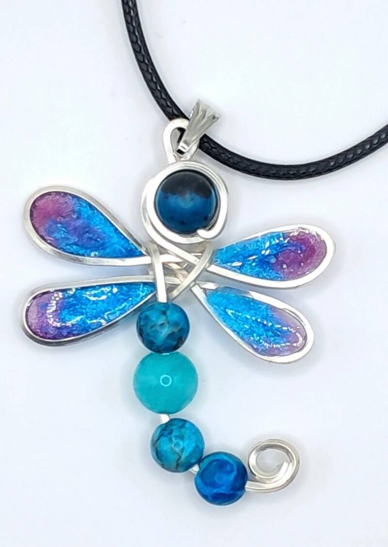 Handcrafted Single-Wire silver plated Wrapped Dragonfly Pendant with Resin Wings and semi precious agate stones Comes with faux leather necklace. Hypoallergenic.  Measuring 4cm x 5cm  Price €40