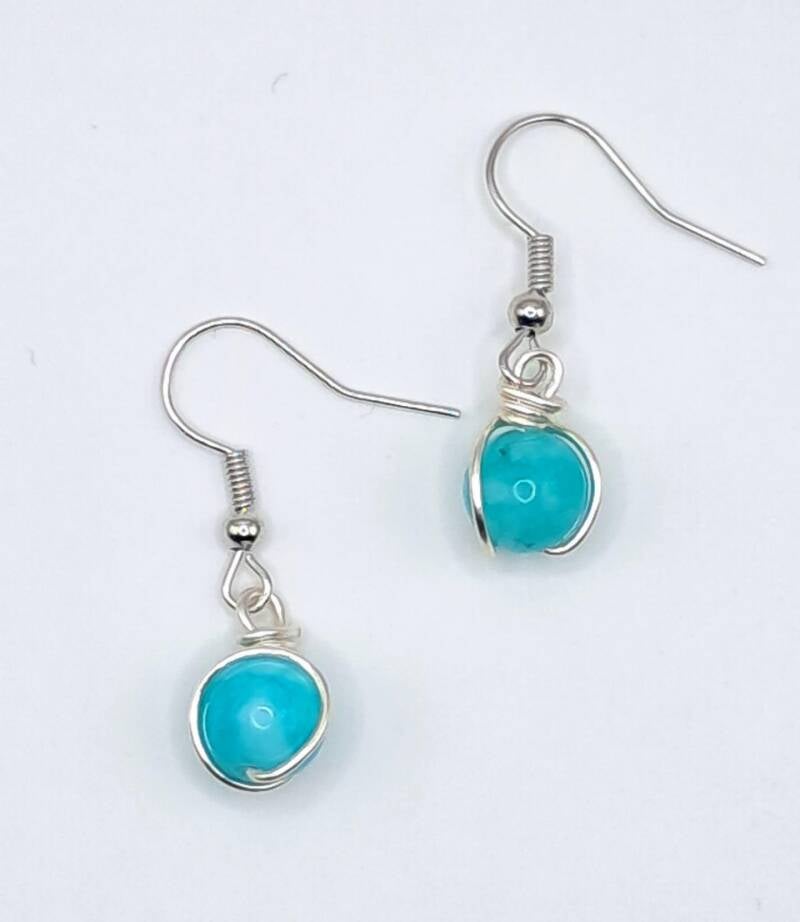 turquoise/ silver wire-wrapped dangle earrings, featuring lightweight, hypoallergenic French earhooks.  Price 15€
