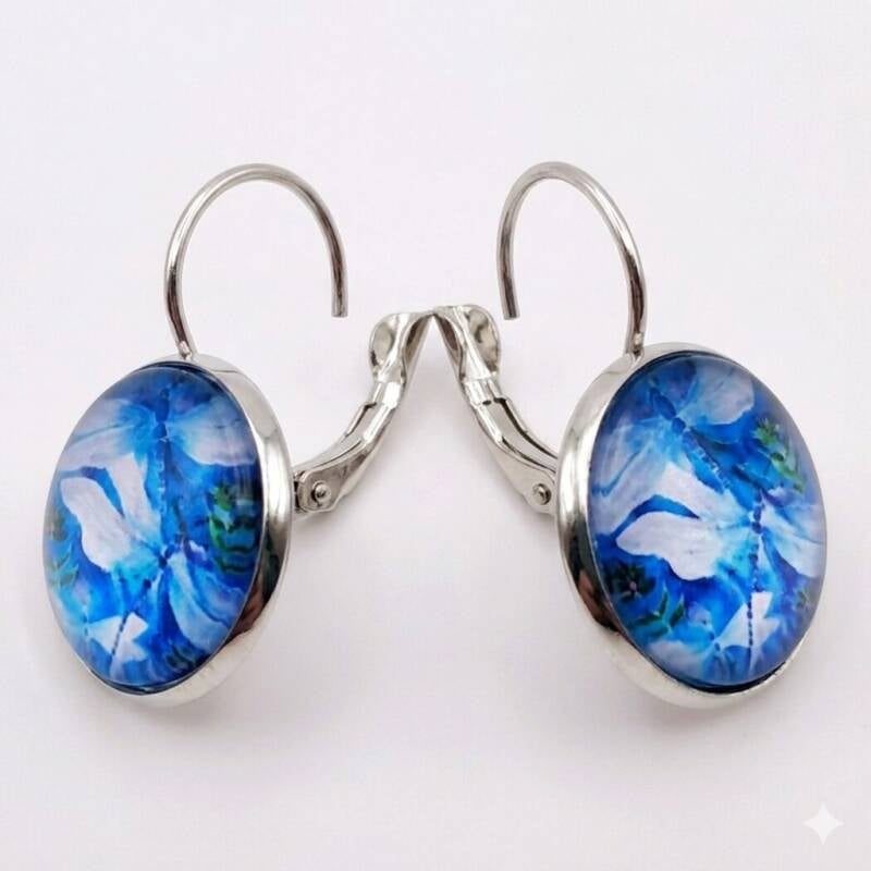 2cm dragonfly earrings featuring vibrant silk art under glass cabochons, hypoallergenic silver Price 20€