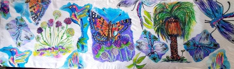 This lightweight polyester scarf features a vivid, hand-painted watercolour design of colourful butterflies, hummingbirds, dragonflies, and tropical flora on a white background Price 30€