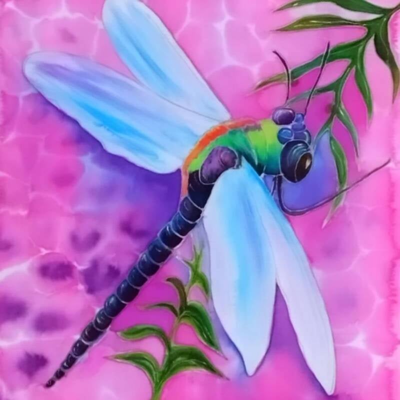 Hand-Painted Nature Motif Silk Scarf Vibrant, 100% hand-painted 90x90cm silk scarf featuring a dragonfly  on a pinl backdrop Price 65€ (pendant slider +15€)