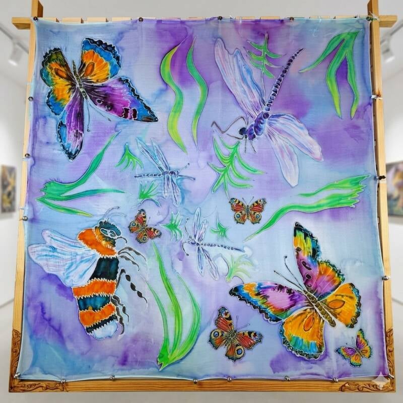Hand-Painted Nature Motif Silk Scarf   100% hand-painted 90x90cm silk scarf featuring garden insects on a pastel backdrop (scarf 65€ add pendant slider +15€).