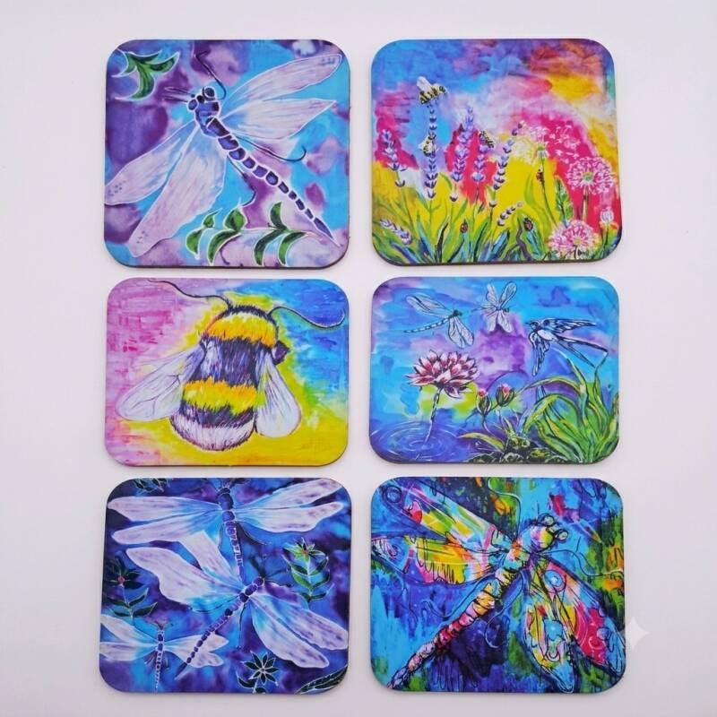 Set of 6 Whimsical Dragonfly &amp; Honeybee Wooden Coasters  Vivid, colourful watercolour-and-ink garden wildlife art with a matte finish  Price 25€