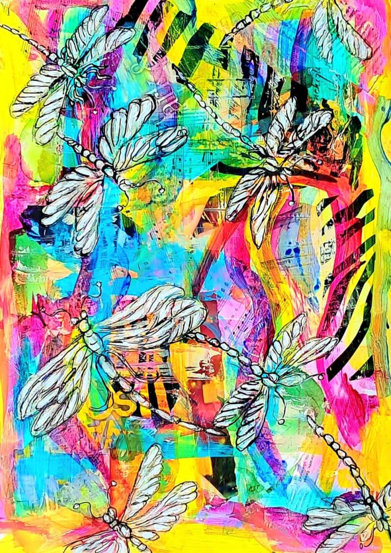 Title: "Neon Flight" –  Dragonfly Mixed Media Painting Size: 29.7 cm x 42.0 cm) Price: 120€