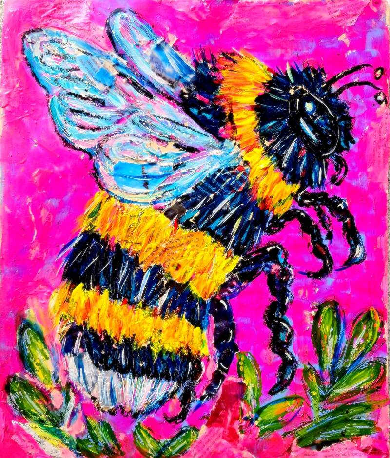 Title: "Electric Buzz" –  Bumblebee Mixed Media Painting Size:  29.7 cm x 42.0 cm Price: 120€