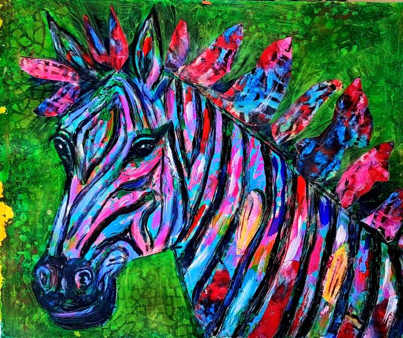 Title: "Technicolor Stripes" – Contemporary Zebra Mixed Media Painting Size 29.7 x 42.0 cm Price 120€.