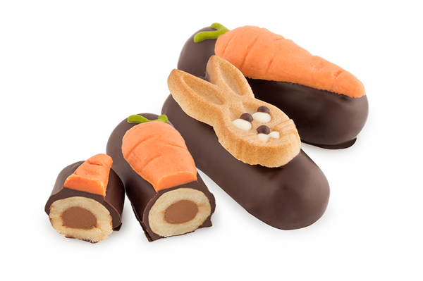 Edel-Marzipan- Nougat-Röllchen mit Hasenkopf und Möhre - 1,18€/Stück