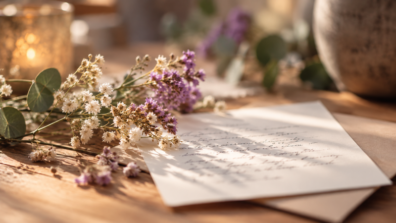 Handgeschreven tekst voor een rouwkaart met bloemen