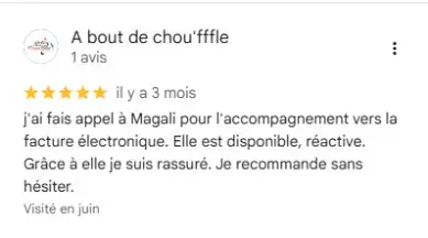Avis Google 5 étoiles client A bout de chou'ffle sur l'accompagnement de Magali Mailait JOTIMO pour la facturation électronique