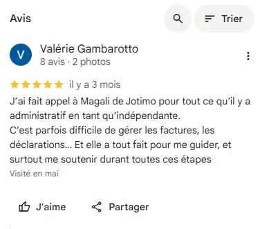 Avis Google 5 étoiles de Valérie Gambarotto sur l'aide administrative de JOTIMO pour la gestion des factures et déclarations
