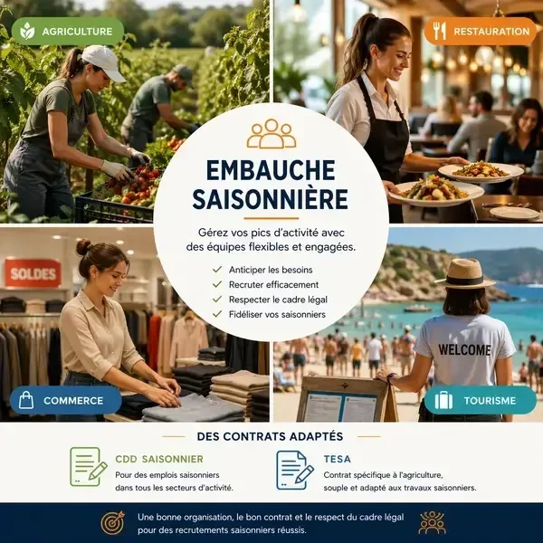 Illustration de l’embauche saisonnière dans l’agriculture, la restauration, le tourisme et le commerce, mettant en avant les contrats CDD saisonnier et TESA pour gérer les pics d’activité.