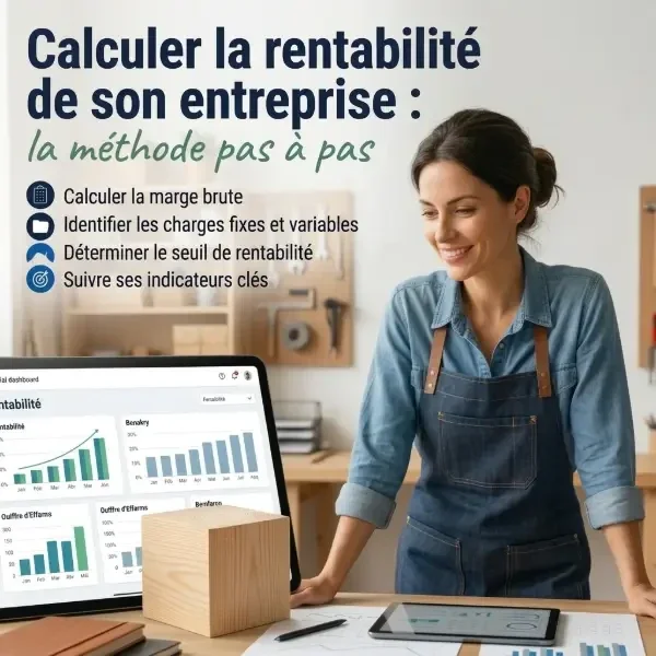 Une artisane dans son atelier consulte un tableau de bord financier sur tablette, accompagné du texte « Calculer la rentabilité de son entreprise : la méthode pas à pas »