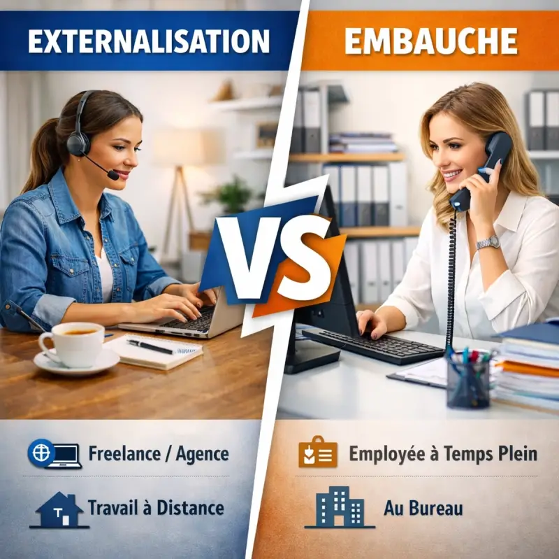 Externalisation administrative vs embauche : comparaison des coûts, flexibilité et rentabilité pour les artisans, PME et professions libérales.