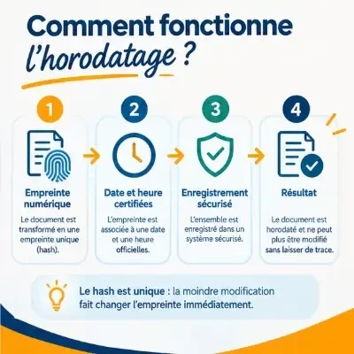 Schéma en 4 étapes du fonctionnement de l'horodatage : empreinte numérique, date et heure certifiées, enregistrement sécurisé, document horodaté