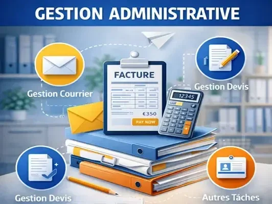 Illustration de la gestion administrative : gestion du courrier, création de devis, facturation et suivi des tâches administratives.