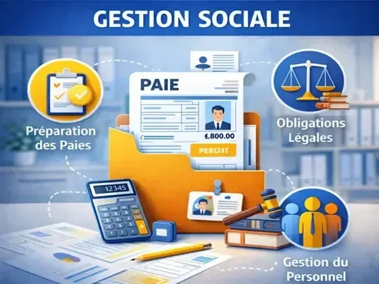 Illustration de la gestion sociale en entreprise : préparation des paies, obligations légales et gestion administrative du personnel.