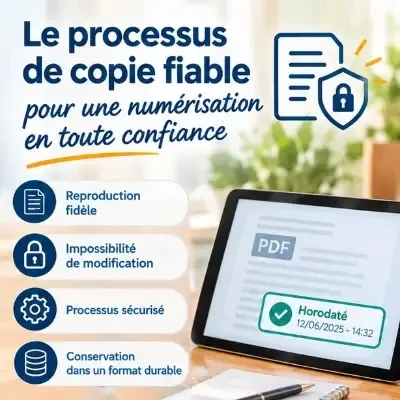 Infographie du processus de copie fiable : reproduction fidèle, impossibilité de modification, processus sécurisé, conservation durable