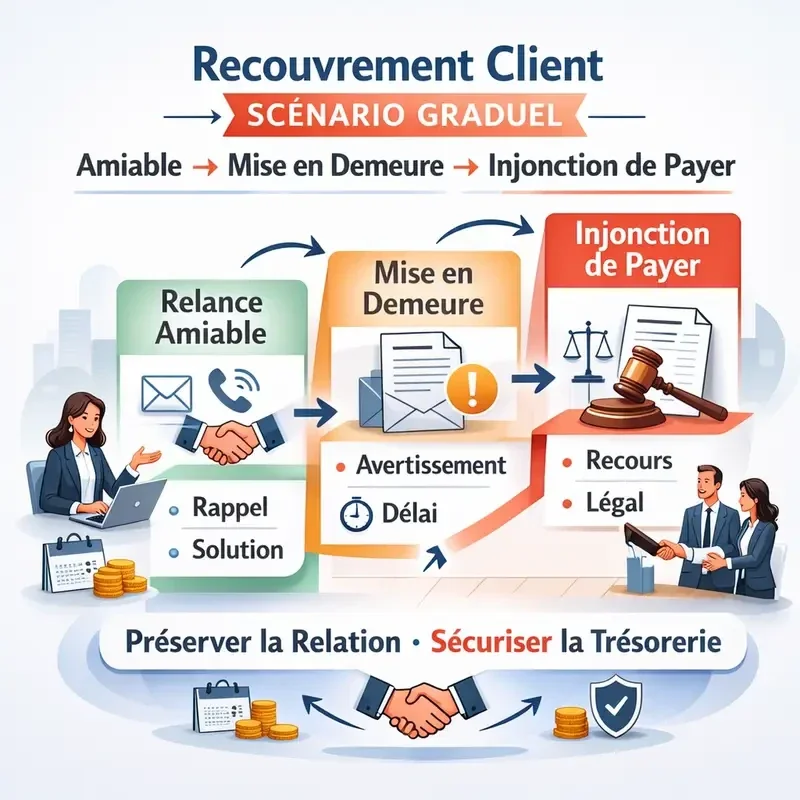 Schéma du processus de recouvrement de créances en trois phases : phase amiable, mise en demeure et procédure légale, avec pour objectif la protection de la trésorerie et de la relation client.