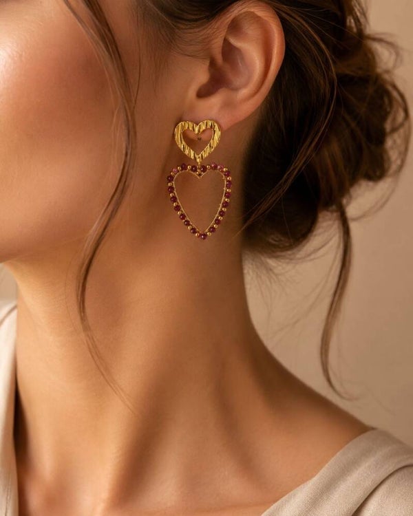 Ruby Heart Oorbellen – Goud & Bordeaux