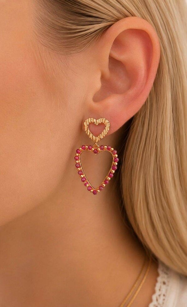 Rosalie Heart Oorbellen – Goud & Fuchsia