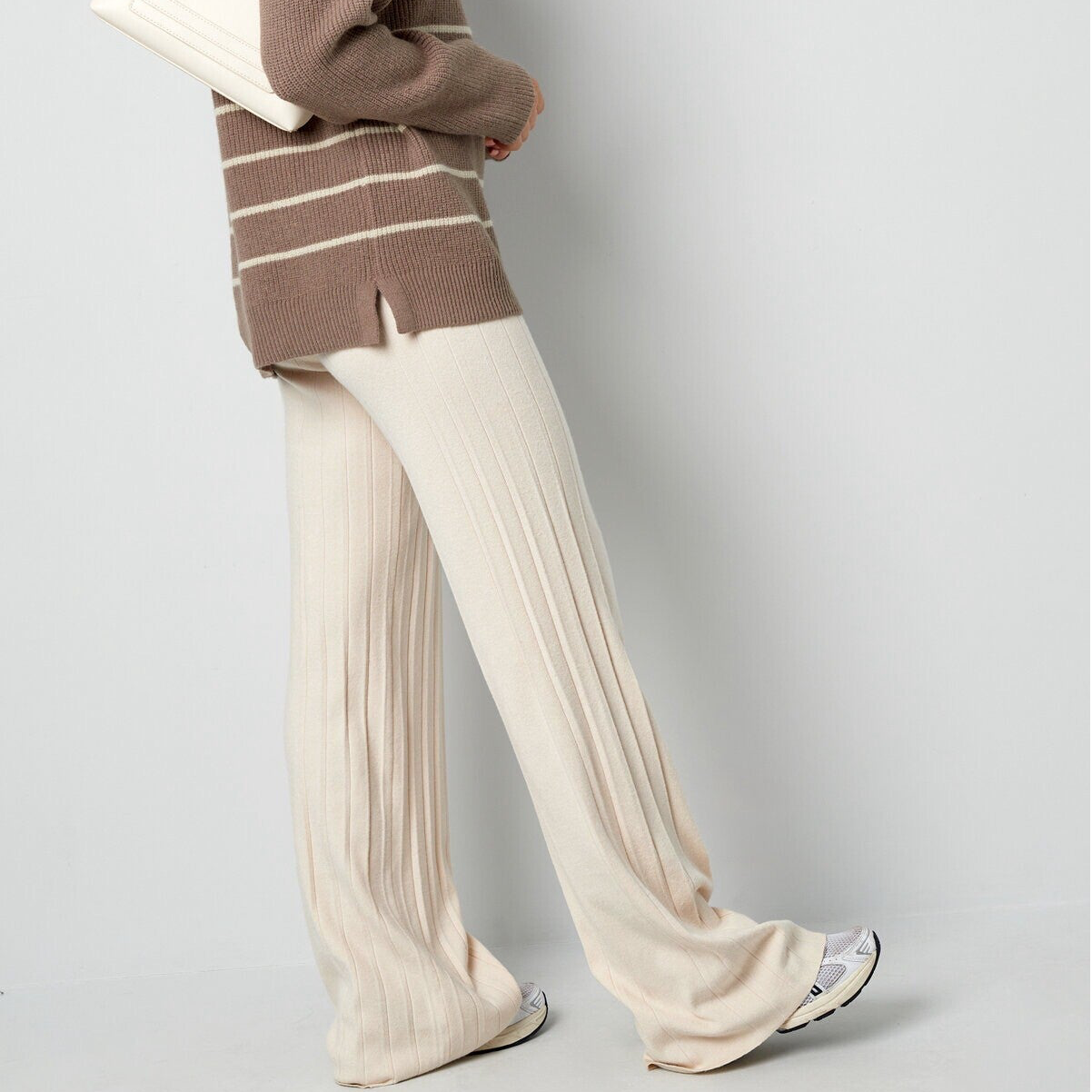 Ribgebreide Wide Leg Broek – Beige