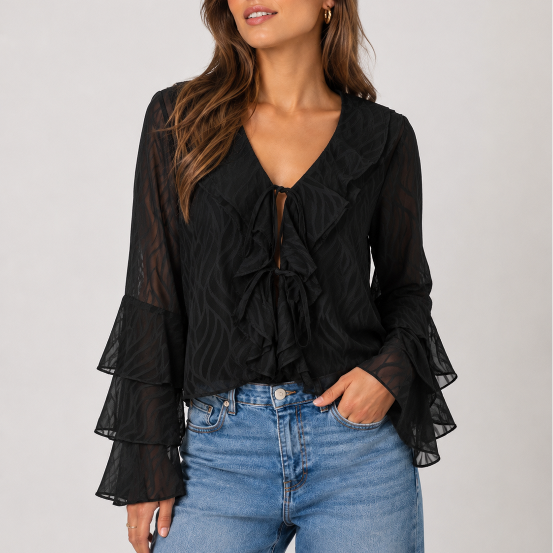 Zwarte Blouse met Ruches en Striksluiting