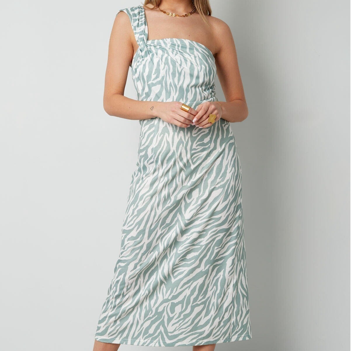 Mintgroene Zebra One Shoulder Midi Jurk