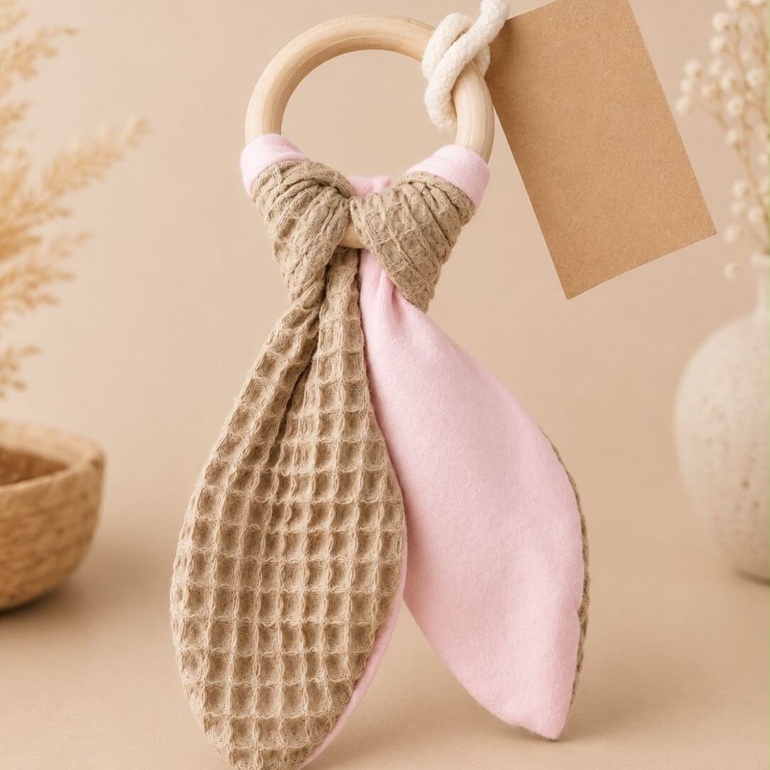 Houten bijtring met knuffeldoekje – Oudroze & Wafel