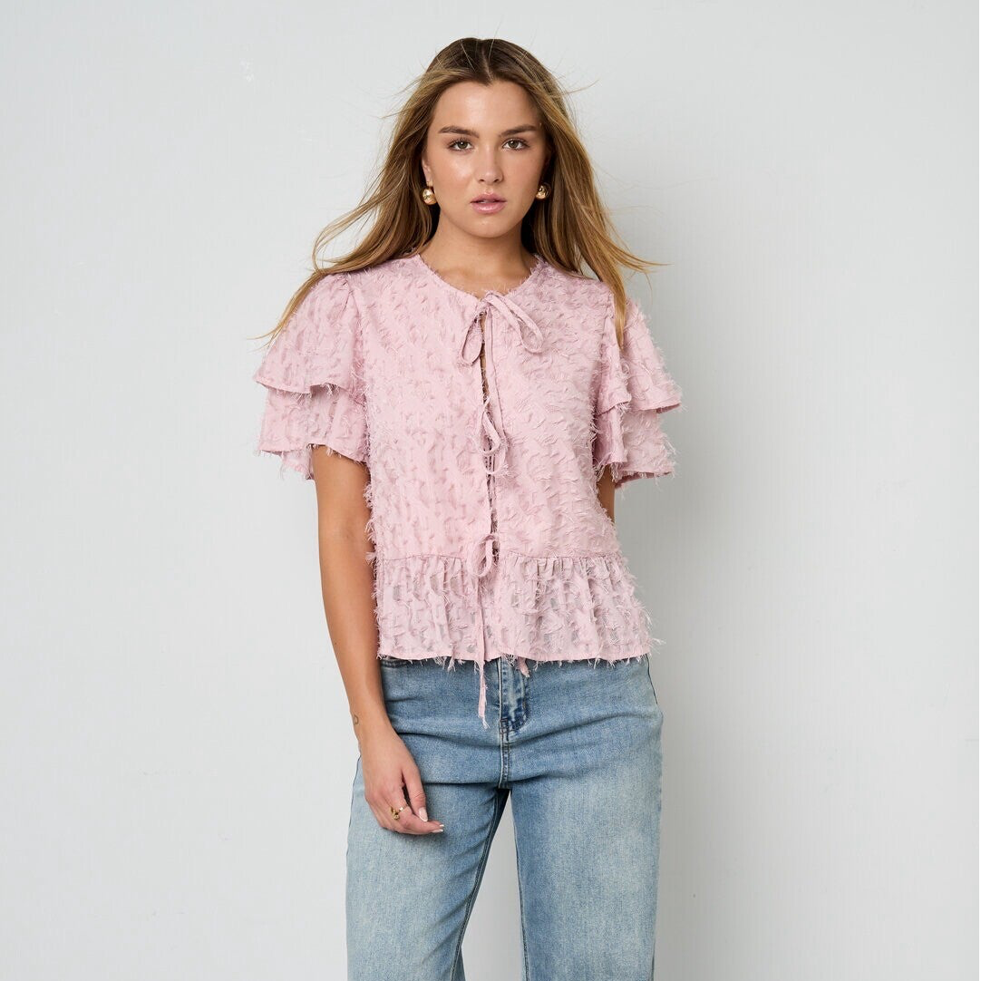 Lichtroze Blouse met Striksluiting en Ruches