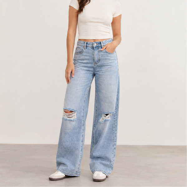 Wide Leg Jeans met Ripped Details – Lichtblauw
