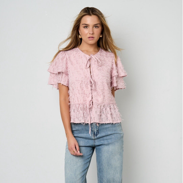 Lichtroze Blouse met Striksluiting en Ruches