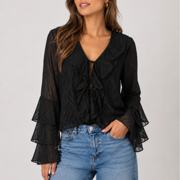 Zwarte Blouse met Ruches en Striksluiting