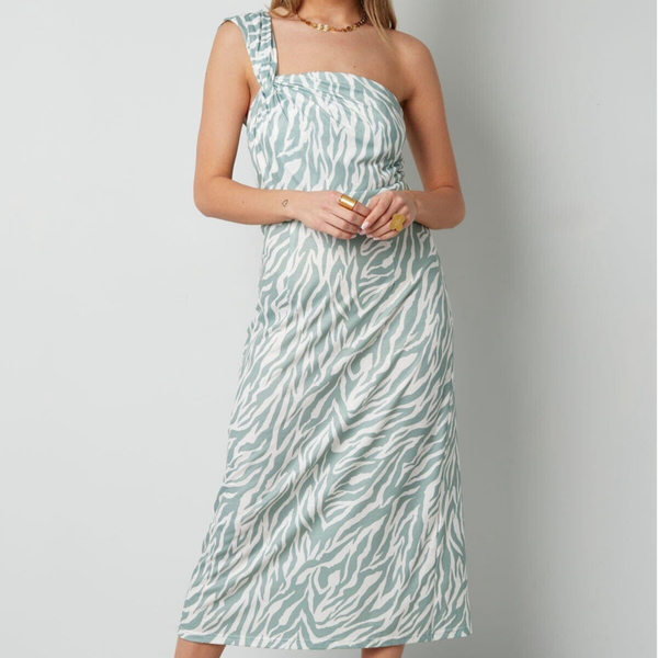 Mintgroene Zebra One Shoulder Midi Jurk