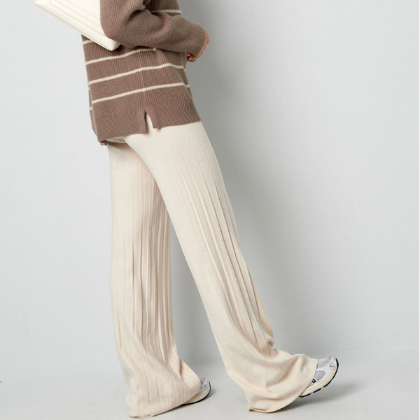 Ribgebreide Wide Leg Broek – Beige