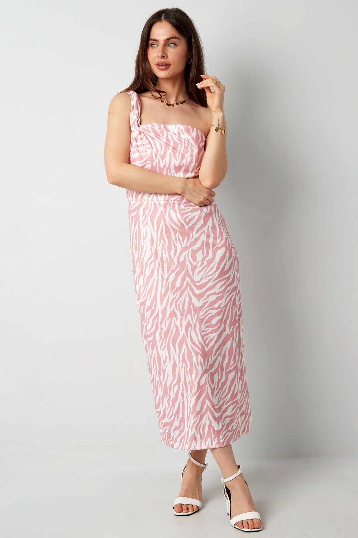 Roze Zebra One Shoulder Midi Jurk