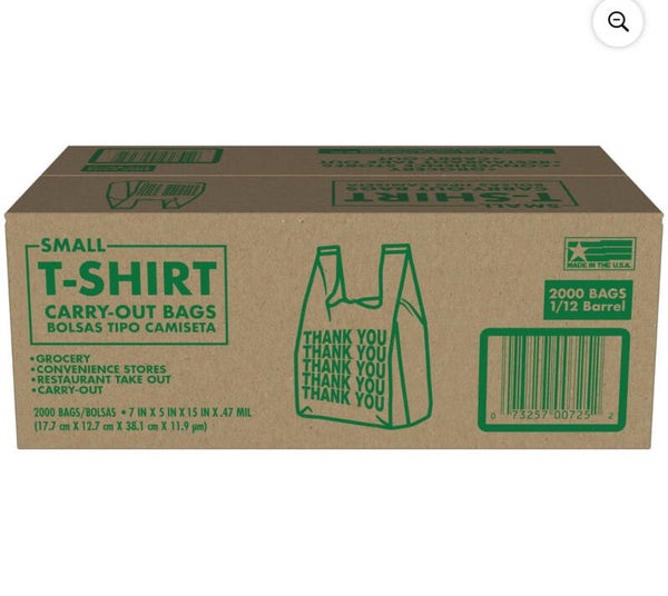 Small T-Shirt Carry-Out Bags, 7" x 5" x 15" (2000 ct.)