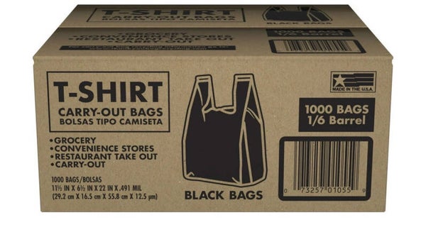 Black T-Shirt Carryout Bags, 11.5" x 6.5" x 22" 1000 ct.