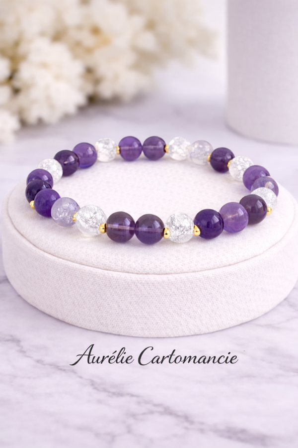 Fluorite violette et cristal de roche craquelé