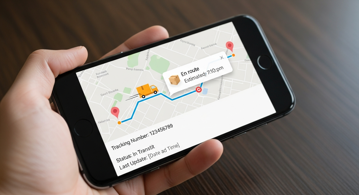 Main tenant un téléphone avec une carte de suivi de colis