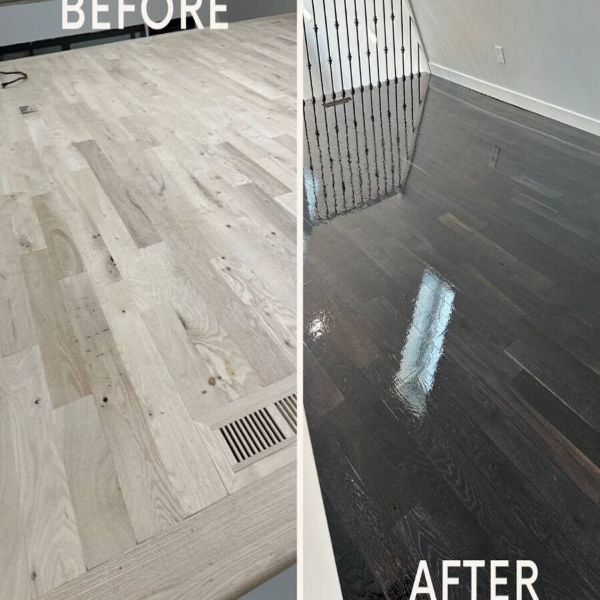 Installed 4-inch red oak select hardwood floor, sanded, bleached for darker color, and refinished by Majestic Hardwood Floors.