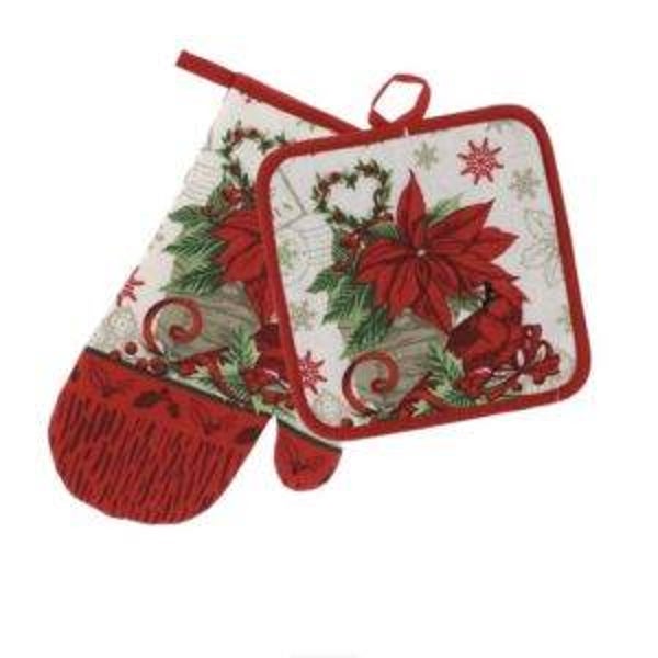 Bundel – Pannenlap en Ovenwant Kerstbloem-Kerstroos-rood