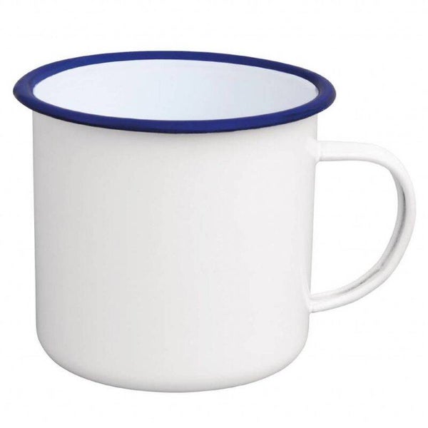 Emaille mok groot wit met blauwe rand