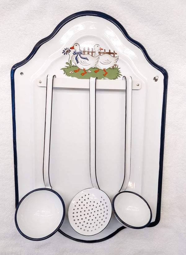 Emaille lepelrek wit met ganzen