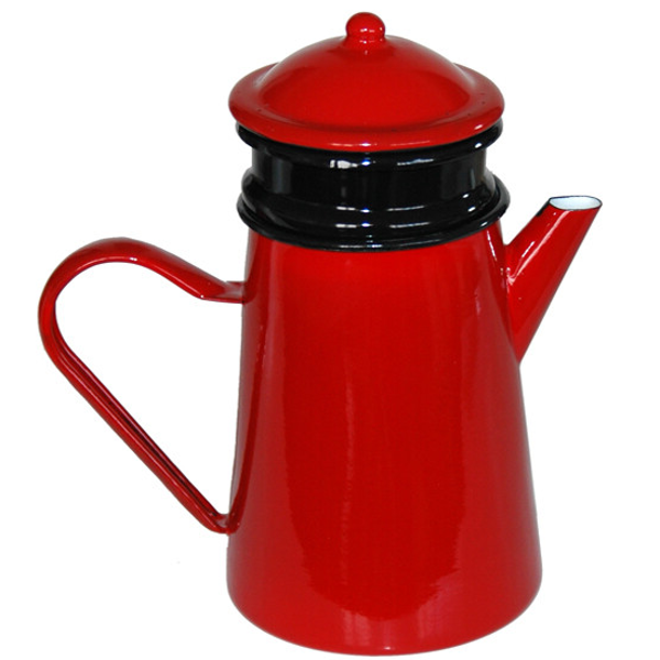 Rode emaille koffiepot met filter