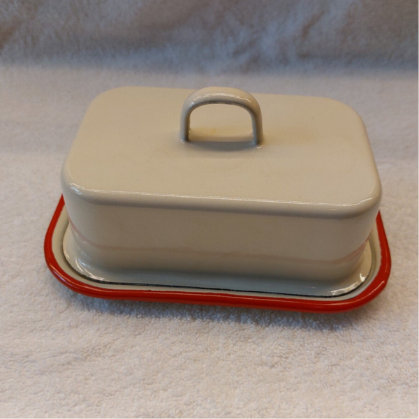 Emaille botervloot créme met rode rand