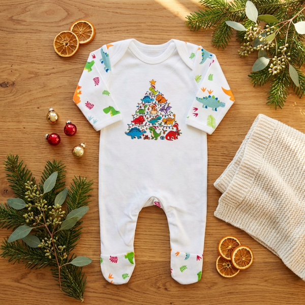 Christmas Dinosaur Babygrow | Dino Christmas Tree Baby Sleepsuit | Festive Baby Gift