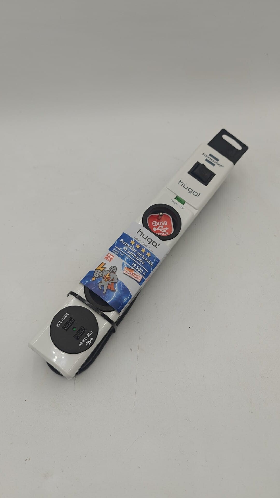 Brennenstuhl Multiprise Hugo! Blanche, 3 Prises + 2 Prises USB, avec parasurtenseur et 2m de câble (19.500A)